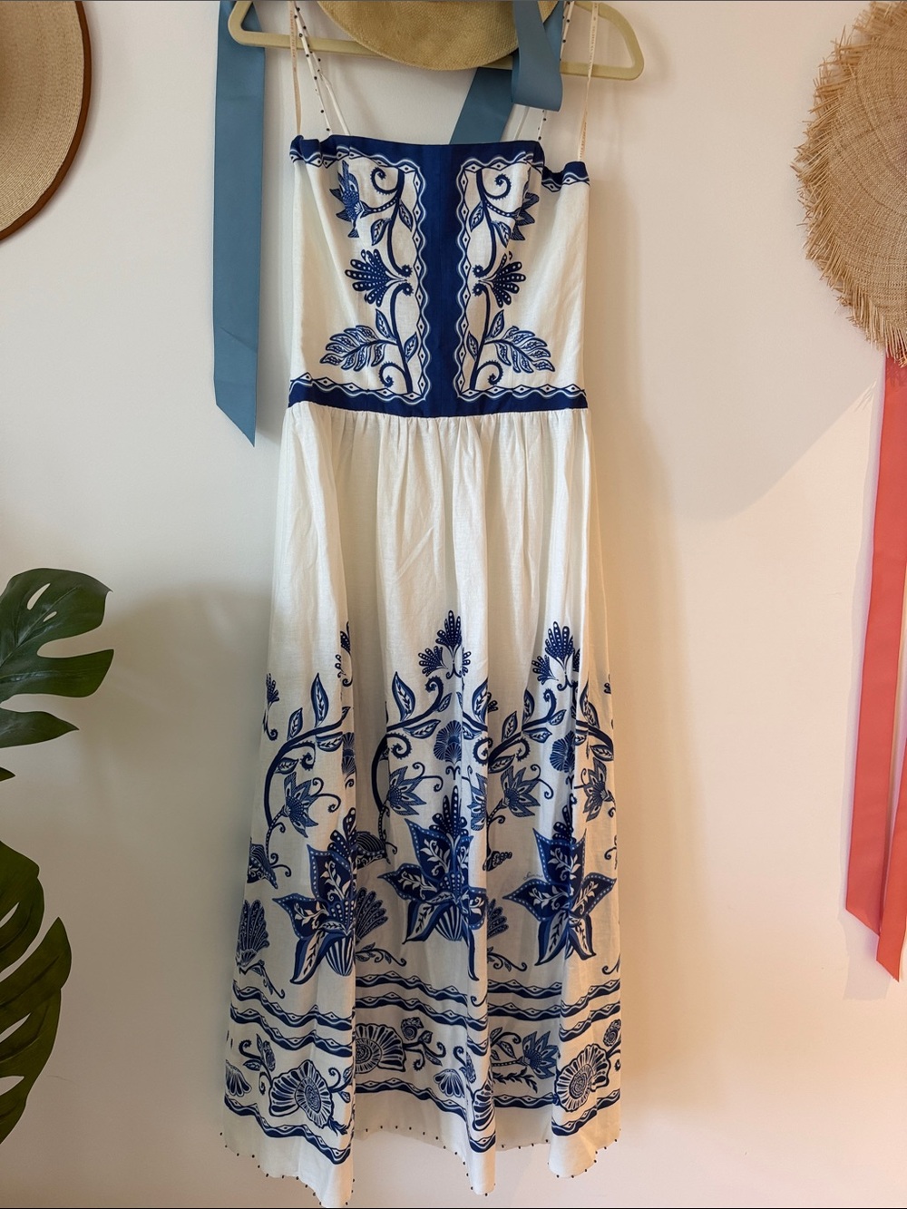 FARM Rio White Midi Dress with Blue Floral Embroidery - Picture 5 of 9